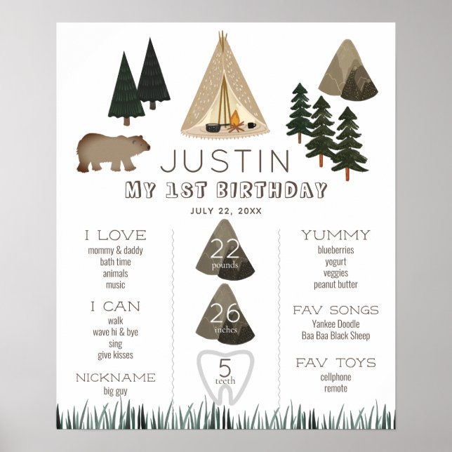 Camping Tält Bear Boy 1st Birthday Milestone Poster (Framsidan)