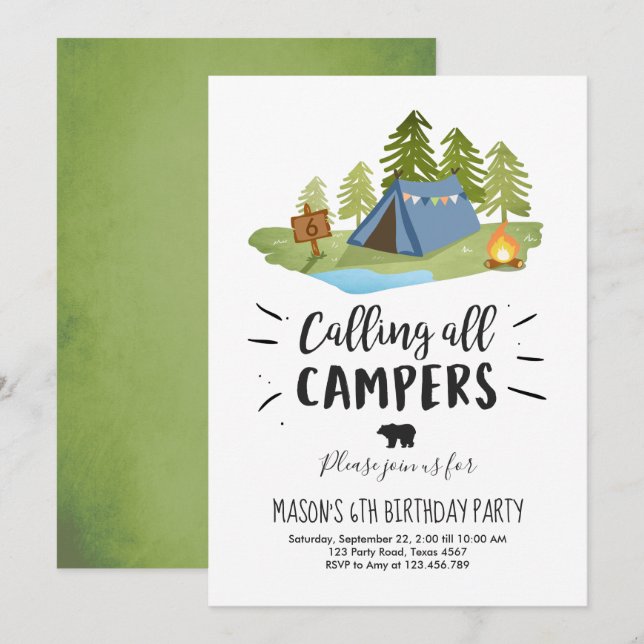 Camping Tält bjudande Birthday Camp out Boy Inbjudningar (Fram/baksida)