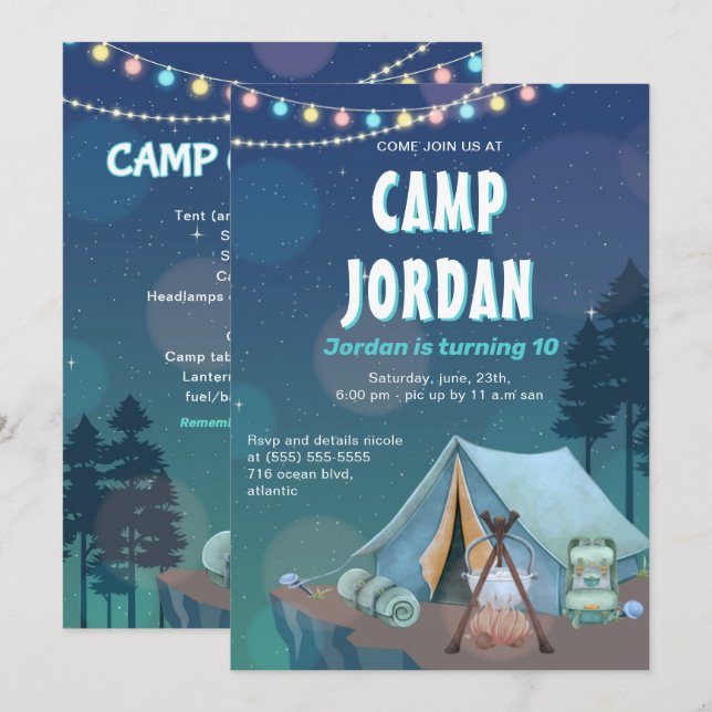 Camping Tält Bonfire Boy Birthday-inbjudan Inbjudningar (Fram/baksida)