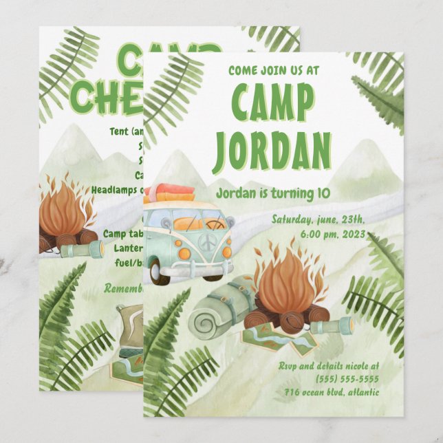 Camping Tält Bonfire Boy Birthday-inbjudan Inbjudningar (Fram/baksida)