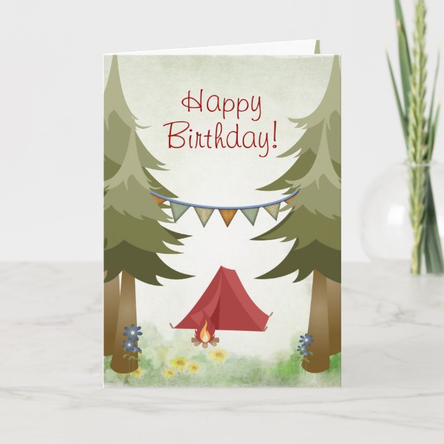 Camping, Tält, Campfire, Flowers Woodland Birthday Kort (Framsida)