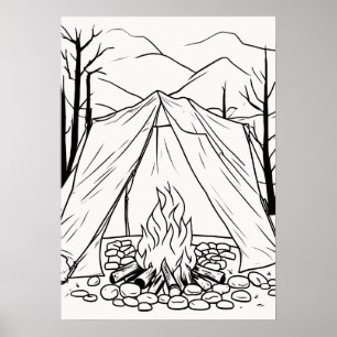 Camping Tält Campfire Linje Art T Shirt Outdoor Ad Poster