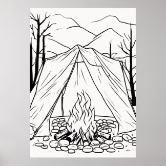 Camping Tält Campfire Linje Art T Shirt Outdoor Ad Poster