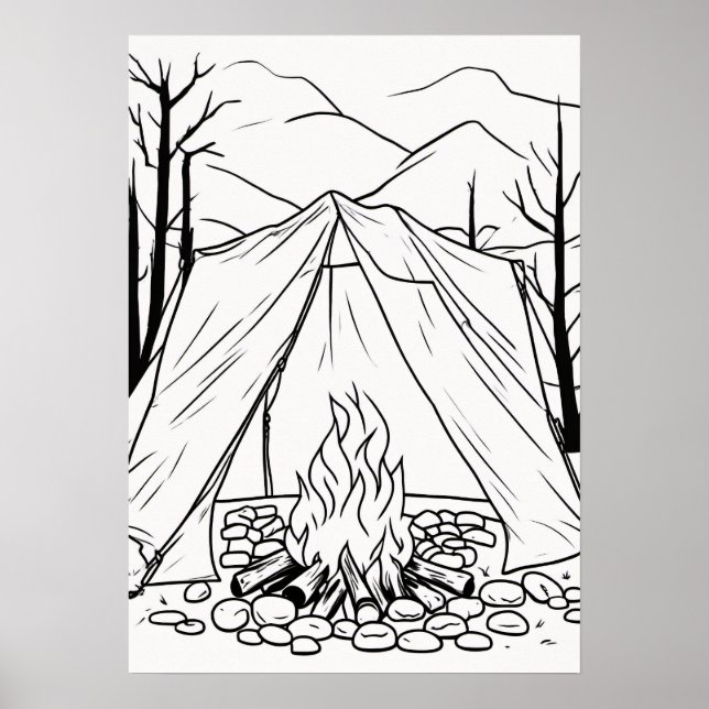 Camping Tält Campfire Linje Art T Shirt Outdoor Ad Poster (Framsidan)