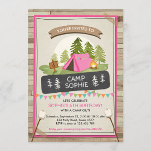 Camping Tält inbjuden Birthday Camp out Girl Inbjudningar