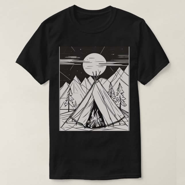 Camping Tält Lägger eld Linje Konst Minimalistisk  T Shirt (Design framsida)