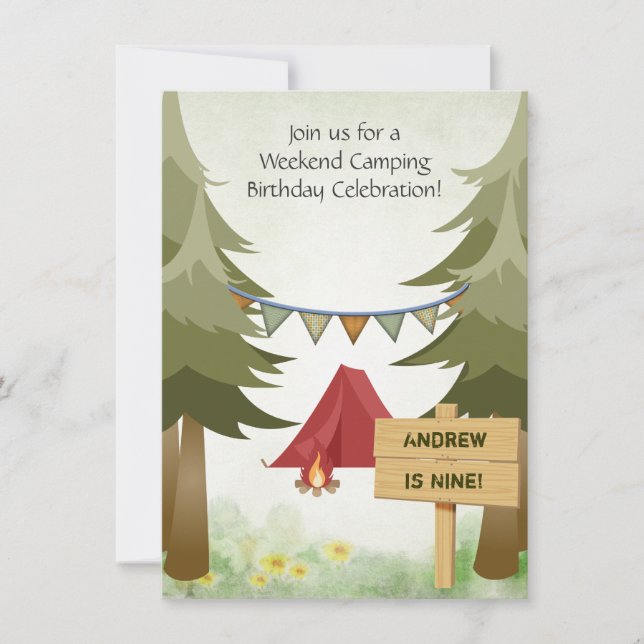 Camping, Tält och Campfire Woodland Birthday Inbjudningar (Framsida)