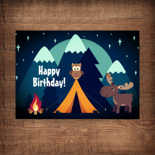 Camping, Tält, Woodland Animals Mountain Birthday Kort