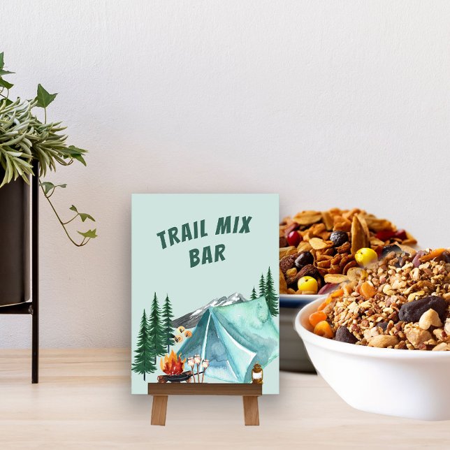 Camping Tema Redigerbar Party Mat Serveringsskylt Bordsnummer (Trail Mix Bar table card)