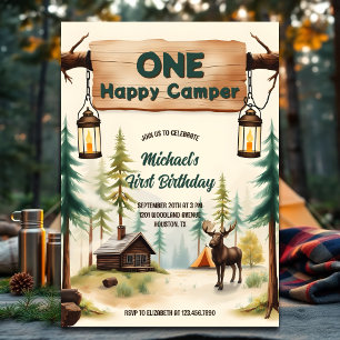 Camping Theme Boy One Lycklig Camper 1:a födelseda Inbjudningar