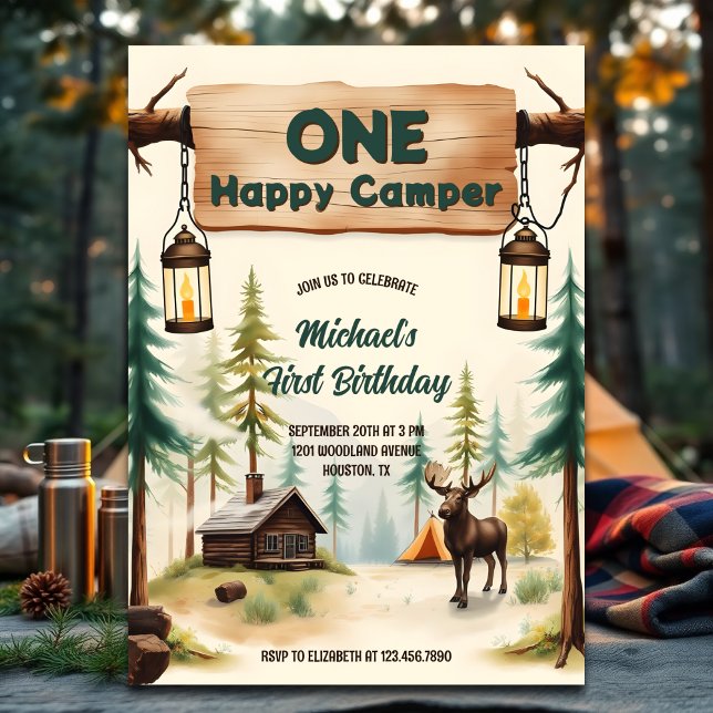 Camping Theme Boy One Lycklig Camper 1:a födelseda Inbjudningar (One Happy Camper 1st Birthday Invitation – Rustic Woodland Camping Theme for Boy)