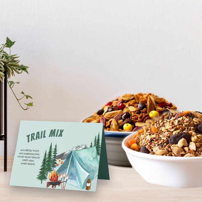 Camping Theme Editable Party Food Label Tält-tecke Tack Kort (Trail Mix bar table tent sign with editable ingredients)