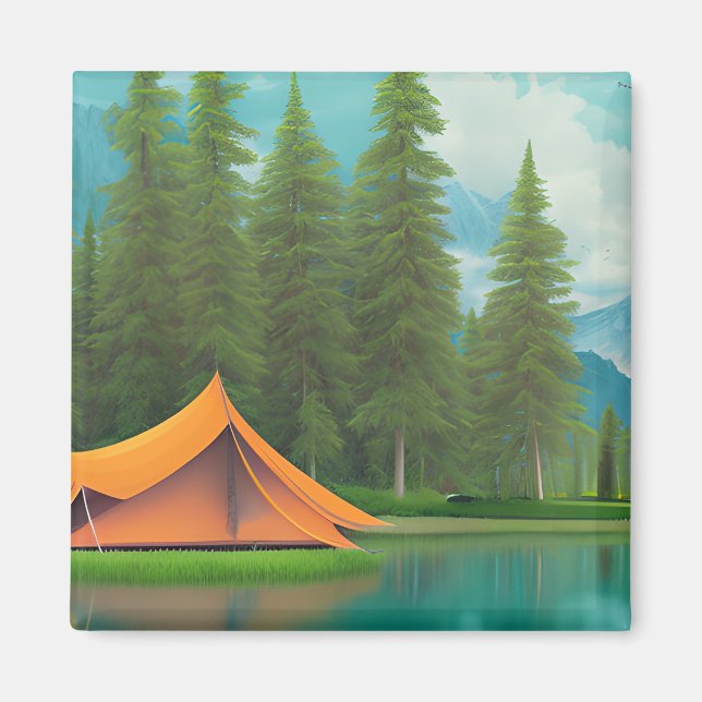 Camping Themed Art | Tält i Skogen vid Sjö Magnet (Framsidan)