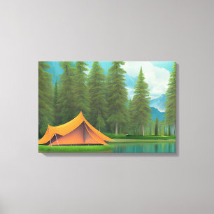 Camping Themed Art Tält vid Sjö i Skogen Canvastryck