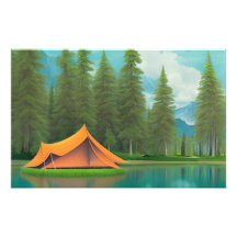 Camping Themed Art | Tält vid Sjö i Skogen