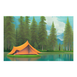 Camping Themed Art Tält vid Sjö i Skogen Fototryck