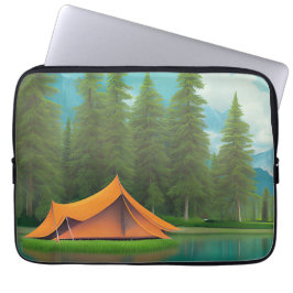 Camping Themed Art | Tält vid Sjö i Skogen Laptop Fodral