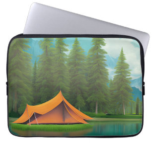 Camping Themed Art   Tält vid Sjö i Skogen Laptop Fodral