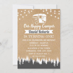 Camping Trailer Lycklig Camper Rustic Kraft Birthd Inbjudningar