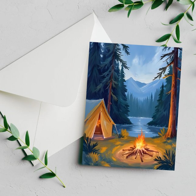 Camping Trip Forest Campfire Tent Watercolor Card (Skapare uppladdad)