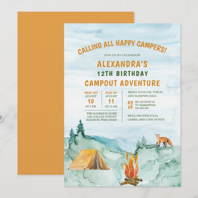 Camping Woodland Äventyr Tält Campout Birthday Inbjudningar (Fram/baksida)