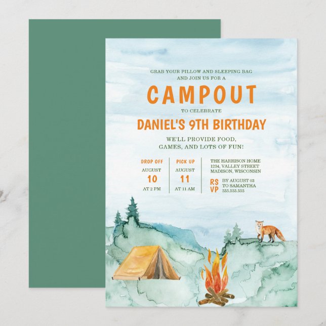 Camping Woodland Watercolor Tält Campout Birthday Inbjudningar (Fram/baksida)
