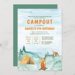 Camping Woodland Watercolor Tält Campout Birthday Inbjudningar