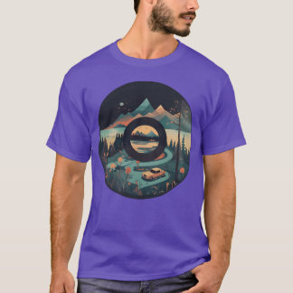 Campinghusvagn i bergslandskap med rekord t shirt