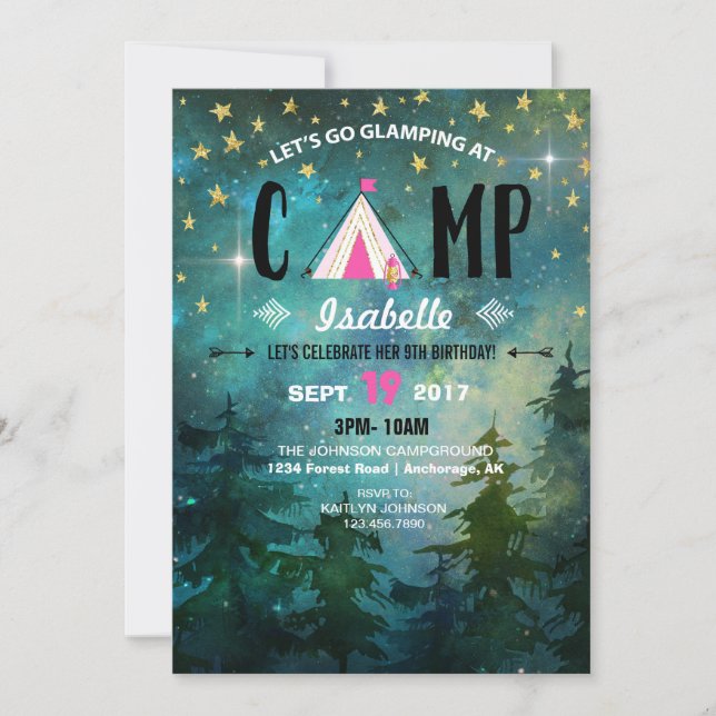Campingkampanj nattetid Forest Wilderness Birthday Inbjudningar (Framsida)