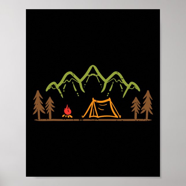 Campingplats Tält Träd Berg Minimalistisk Läger Poster (Framsidan)