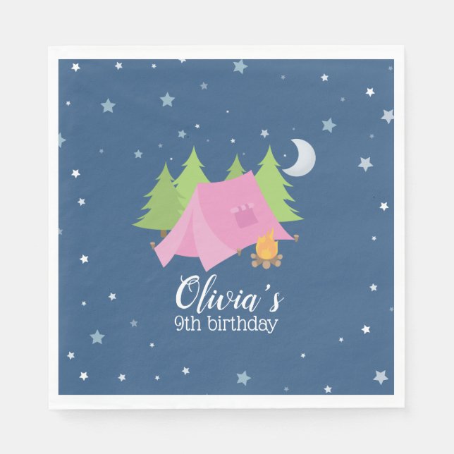 Campingplatta födelsedagsfest napkins Rosa Tält Pappersservett (Framsidan)