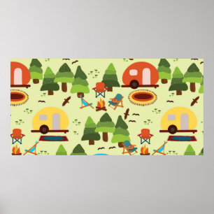 Campingscen - karavan, campingstolar, brandstation poster