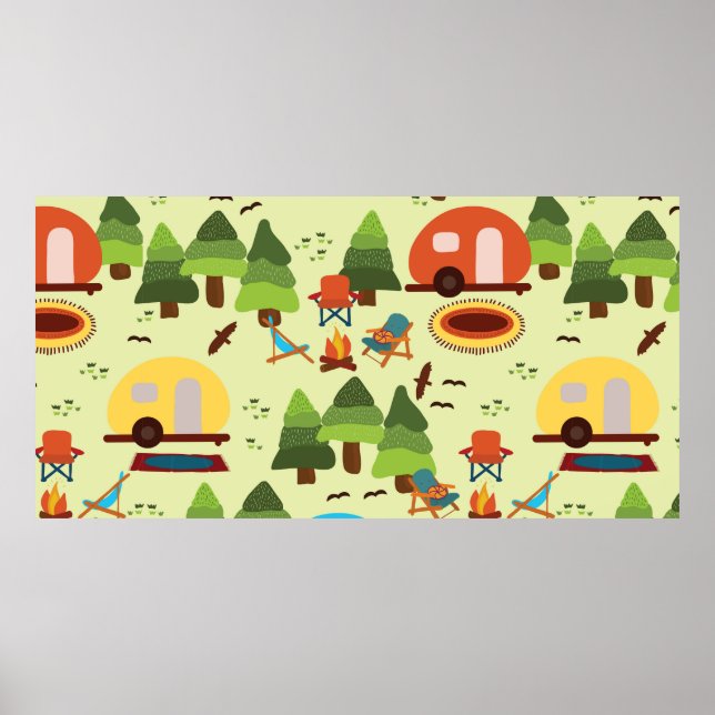 Campingscen - karavan, campingstolar, brandstation poster (Framsidan)