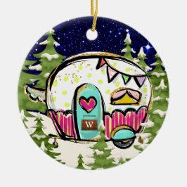 Campingsläpfordon med dörrsignatur julgransprydnad keramik