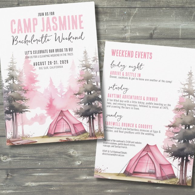 Campy Rosa Sängvätstema för Möhippa Inbjudningar (Pink Girls Weekend Camp Bachelorette Party Invitation)