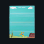 Campy Western Cowgirl on Horse Personalized Anteckningsblock<br><div class="desc">Write letters or notes in style with this personalized writing paper. The bright blue paper has white lines to keep your writing neat and even. At the bottom is a retro style illustration of a cowgirl on a horse in a western landscape. At the top between the white clouds is...</div>