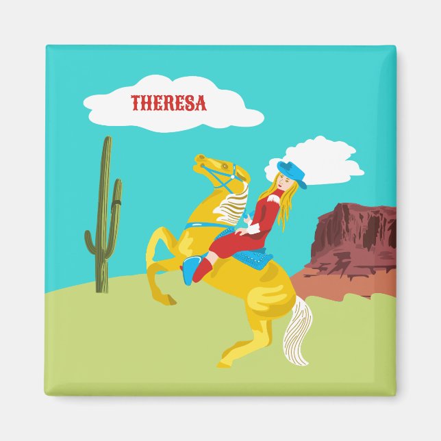 Campy Western Cowgirl on Horse Personalized Magnet (Framsidan)