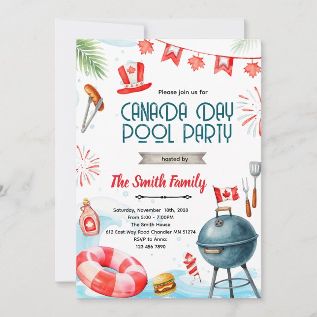 Canada day pool party invitation inbjudningar (Framsida)