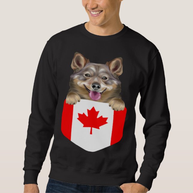 Canada Flag Swedish Vallhund Dog In Pocket Lång Ärmad Tröja (Framsida)
