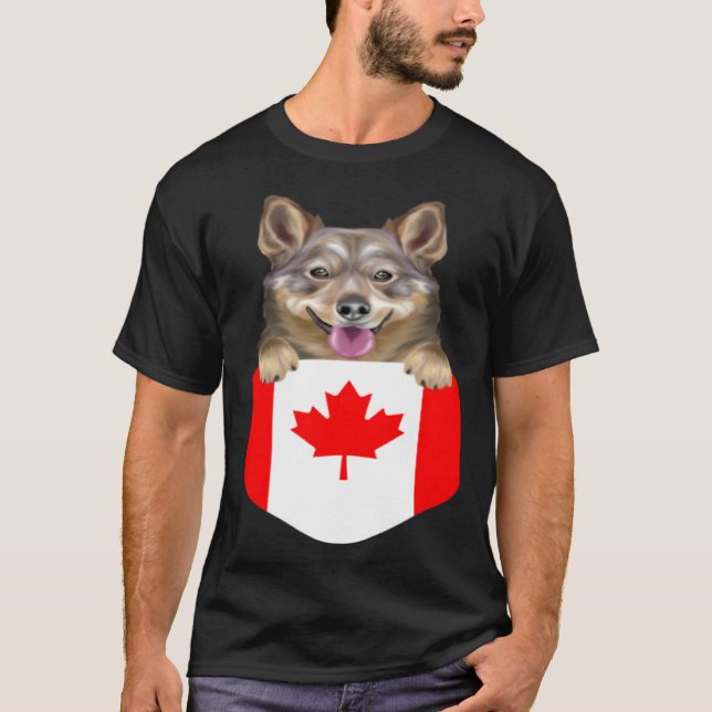 Canada Flag Swedish Vallhund Dog In Pocket T Shirt (Framsida)