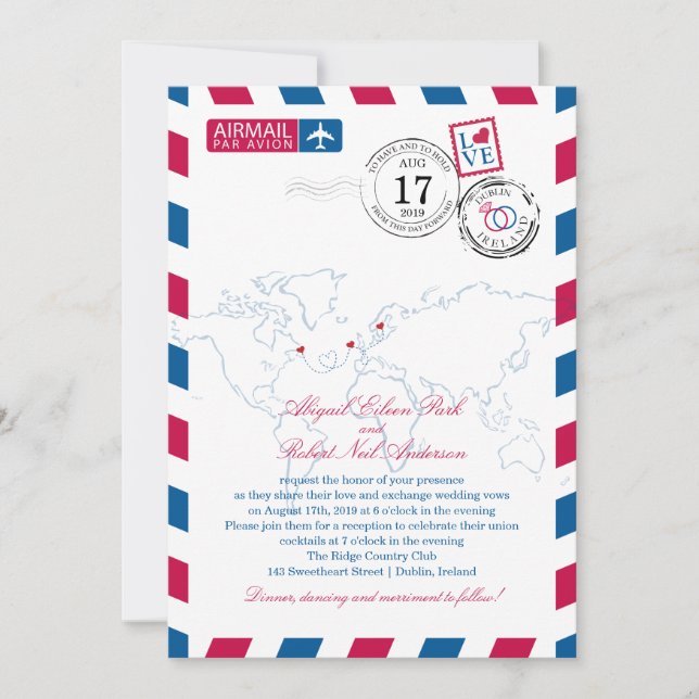 Canada Ireland Sverige Airmail Heart Bröllop Inbjudningar (Framsida)