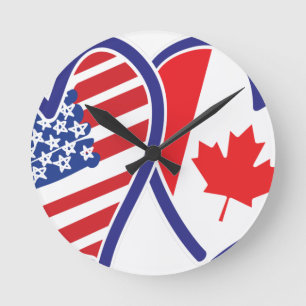 Canadian and America Flagga Hearts Rund Klocka