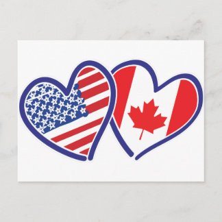 Canadian and America Flagga Hearts Vykort