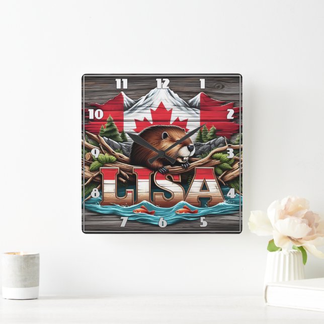 Canadian Beaver Bland Träd och bergen Fyrkantig Klocka (Hem)