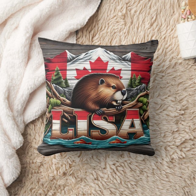 Canadian Beaver Bland Träd och bergen Kudde (Filt)