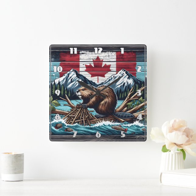 Canadian Beaver by Flagga and Mountains Fyrkantig Klocka (Hem)