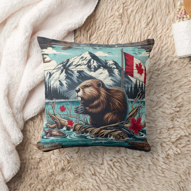 Canadian Beaver by Sjö With Mountain BackDrop Kudde (Filt)