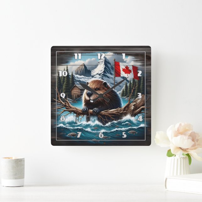 Canadian Beaver by Sjö With Mountains and Flagga Fyrkantig Klocka (Hem)