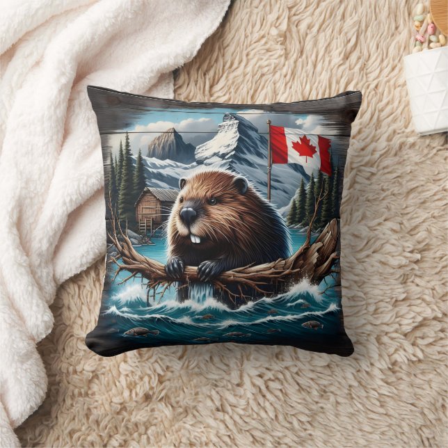 Canadian Beaver by Sjö With Mountains and Flagga Kudde (Filt)