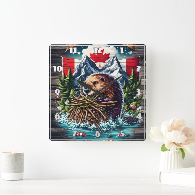 Canadian Beaver by Snowy Peaks Fyrkantig Klocka (Hem)